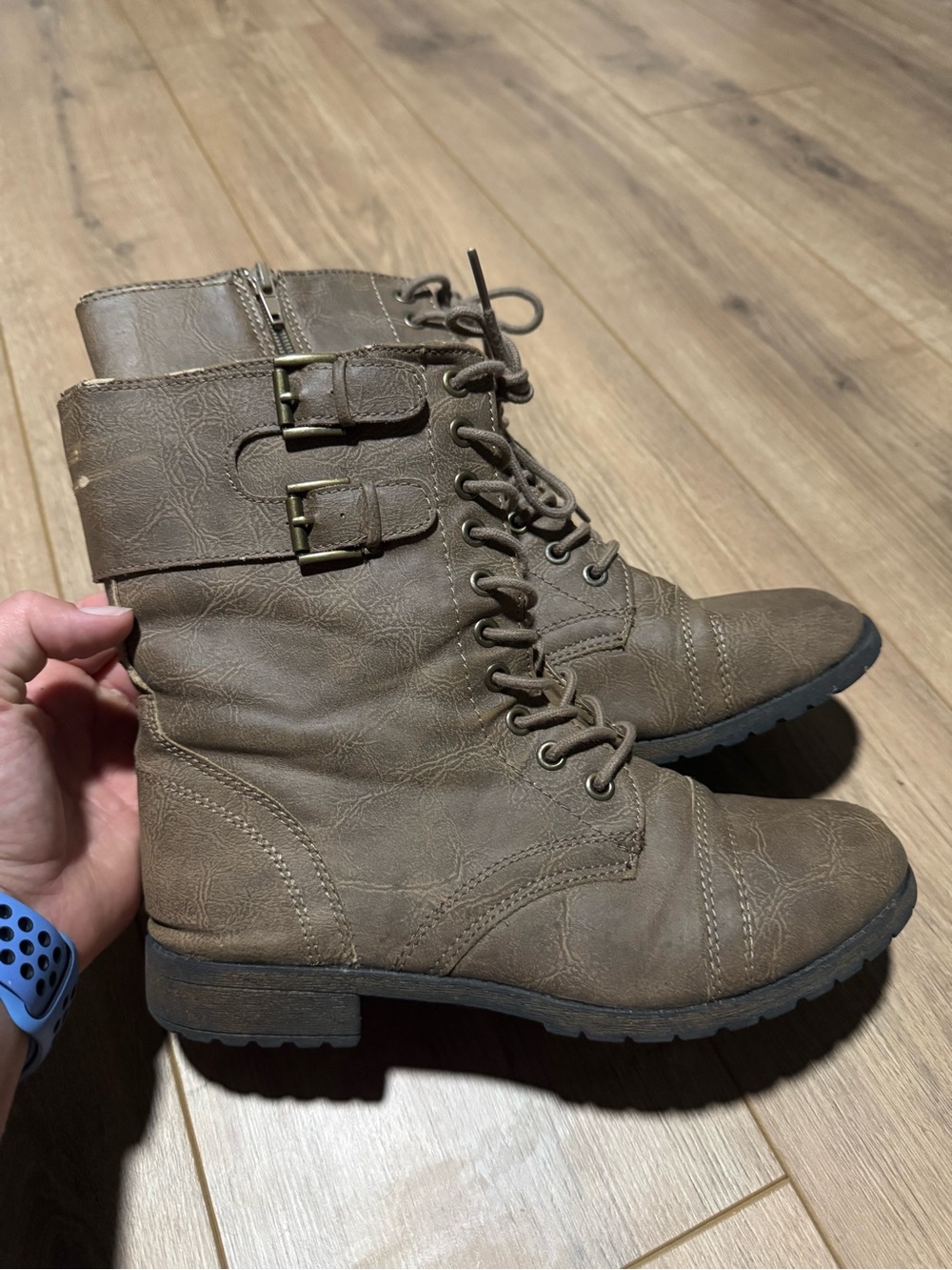 Women's Brown Lace-Up Buckle Combat Boots